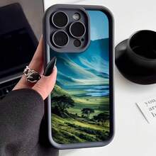 Cubierta de teléfono con borde negro diseño paisaje natural verde y azul montañas praderas y árboles para uso diario y viajes - Negro - Ver 2