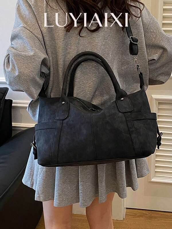 LUYIAIXI Vintage Distressed Tote Bag For Women, 2026 New Simple Fashion Shoulder Bag, Large Capacity Commuter Crossbody Bag