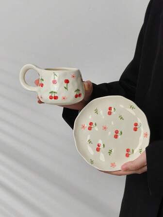 Juego de taza y platillo de cerámica con estilo coreano y patrón de cereza en crema, caja de regalo para taza
