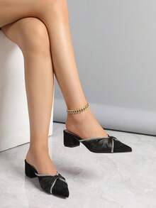 Zapatos de tacón grueso con punta puntiaguda, decorados con rhinestones, de uso versátil y cómodo, para mujer, para primavera/otoño - Negro - Ver 4