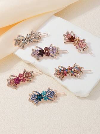 Dopamine Rhinestone Flower Frog Clip, Hollow Bowknot Hair Clip, Colorful Crystal Rhinestone Side Clip, Retro Elegant Party Headpiece, European And American Luxury Hair Accessories, Women Jewelry Accessories, Claw Clips, Hair Claws, Hair Slide, Hair Barrettes