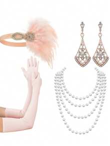 4件套D EXCEED 1920年代复古女郎配饰，适合女性，咆哮的二十年代派对配饰，复古女郎服装套装包括头饰、耳环、手套、项链 - 彩色 - 查看 11