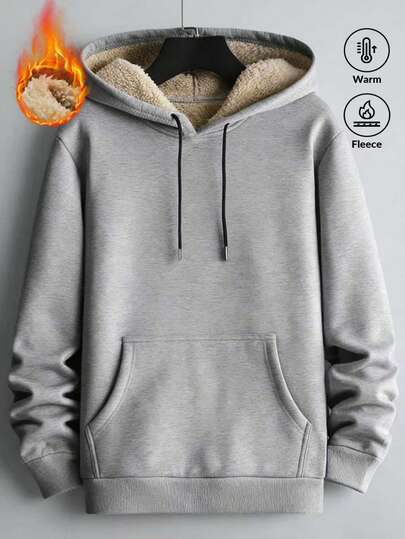(Size Up Recommended)Men's Solid Color Pullover With Autumn And Winter Plush Warm Hoodie, Thermal Long Sleeve, Thermal Men, Winter Clothes, Gray Hoodie, Suitable For Autumn And Winter Outings And Sports, For Friends, Husband, Boyfriend Gifts, Unisex Hoodie