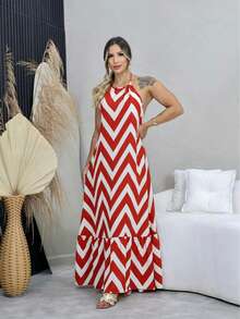 Long Summer Dress With Zig Zag Stripes, Halter Neck, And Built-In Bra. - Red - View 1