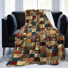 1 Piece Large Patchwork Quilted Blanket - Soft Flannel Four Seasons Bedspread, Colorful Plaid And Diamond Pattern, Brown/Blue/Red/Black/Beige/White/Grey - Lightweight Suitable For Sofa, Bed, Travel, Office - Ideal Gift And Home Decoration, Modern Style, Warm Earth Tone Vibrant Patchwork Design, Suitable For Home, Travel Or Gift Giving, Made Of Comfortable Flannel Fabric, Blanket, Queen Size Bed Blanket, Cartoon Blanket - 花色 - 查看 4