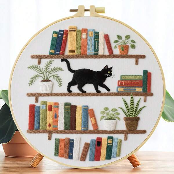 1pc Embroidery Kit, 20x20cm/7.9x7.9-Inch Bookshelf Cat, Pattern Handmade DIY Embroidery Kit, Suitable For Adult Beginners, Includes Embroidery Cloth, Instruction Manual, Embroidery Stretching And Needle Thread, Christmas Gift For Friends Or Family, Furniture, Office Handmade Artwork