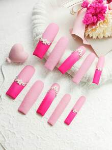 10pcs Glossy Y2K French Western Ocean Nail Art, Pink Nails, Red Nails, Light Blue Nails, Shiny Nails, 3D Handmade Starfish & Shell Decor, 3D Hand-Painted Wavy 3D Colorful Carved Rectangle Acrylic Nails, Perfect For Bikini Beach Matching. - 玫紅色 - 查看 11