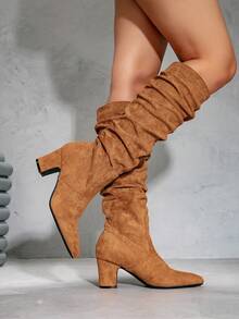 秋冬新款女士时尚热销尖头褶皱高跟绒面革和皮革过膝套脚靴，黑色 - 駝色 - 查看 5