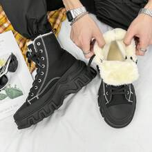 SLNU3 Brand Men's Fashion High-Top Thick-Sole Shoes, Comfortable Non-Slip Rubber Sole With Laces Flat Shoes, Thermal Lined Thick Winter Warm Boots, Suitable For Men's Outdoor Activities, Black Boots Couple Style,Fur Boots - Black and White - View 2