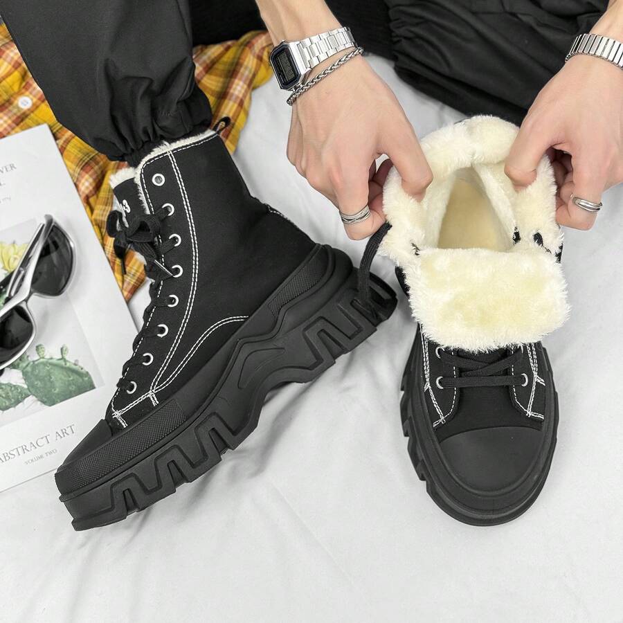 SLNU3 Brand Men's Fashion High-Top Thick-Sole Shoes, Comfortable Non-Slip Rubber Sole With Laces Flat Shoes, Thermal Lined Thick Winter Warm Boots, Suitable For Men's Outdoor Activities, Black Boots Couple Style,Fur Boots