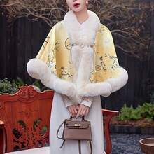 Perfect Gift Choice - Chinese Style Pearl Button Shawl With Faux Rabbit Fur Trim - Elegant Retro Solid Color Cape In Yellow & Pink For Christmas Parties, Bridal Events & Special Occasions - Women's Thermal Winter Wrap For Daily Wear, Travel & Evening Even - 黃色 - 查看 1