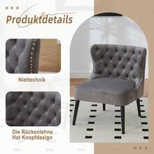 Chair, Single, Velvet Upholstery With Button Strip And Rivet Trim, Modern Design Without Arms, Solid Wood Legs For Living Room And Bedroom, Grey - Xám - Xem 6