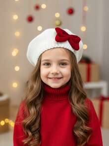 1顶女童红色天鹅绒蝴蝶结针织帽，儿童贝雷帽，画家帽 - 1PC - 查看 16