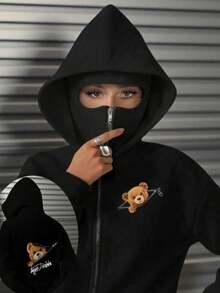 女士宽松长款拉链连帽卫衣，适合秋季、冬季、万圣节、圣诞节等场合，时尚百搭，适合户外穿着。 - 黑色 - 查看 2