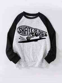 Tween Boy 圆领滑板字母印花黑灰撞色肩部长袖卡通印花T恤秋冬新款男童