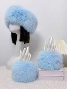 人造毛皮发箍和耳套套装 | 弹力蓬松狐狸毛波西米亚风发饰，女士适用 | 冬季节日派对头饰（1 套）蓬松发箍、毛绒耳罩、冬季发带、波西米亚风配饰、节日装备、情人节礼物
