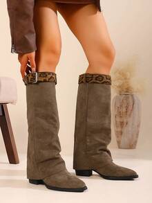 Fall/Winter Brown Patchwork Leopard Print Asymmetrical Waistband Decor Mid-Calf Slip-On Boots, Comfortable, Versatile, Fashionable For Casual, Office, Holiday - Brown - View 5