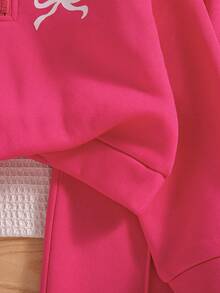 两件套少女休闲蝴蝶印花落肩圆领长袖卫衣长裤套装，保暖连帽衫和长裤，秋冬季 - 玫紅色 - 查看 5