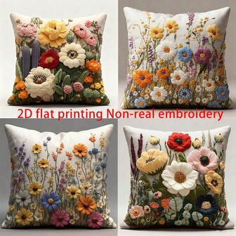 4pcs Modern Floral Print Peach Velvet Throw Pillow Covers, 18" X 18" - Daisy, Cactus Decorative Cushion Covers For Living Room Bedroom Sofa Outdoor, No Pillow Inserts (Not Real Embroidery)