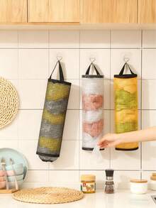Bolsa de malla colgante para almacenamiento de bolsas de basura de cocina, dispensador de bolsas de plástico montado en la pared con ganchos, plegable, transpirable y lavable, para bolsas de compras de supermercado, organizador de cocina para el hogar - Multicolor - Ver 2