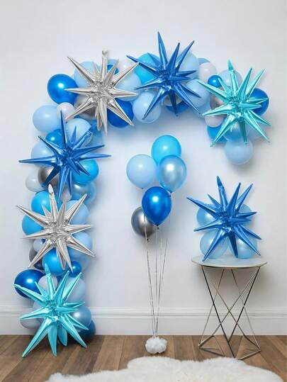 4/7pcs Blue & Silver Planet, Blue & White Explosion Star Foil Balloons, 22" Cone Star Shape Helium Balloons, Polyester Film Balloons For Birthday, Anniversary Celebration
