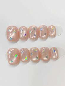 10片纯手工制作美甲贴片，短款椭圆形美甲，粉色系，甜美温柔裸粉色玻璃珠猫眼细闪星光珠光简约可爱美甲贴片，适合女性和女孩，春夏节日派对及日常美甲用品 - 粉色 - 查看 11