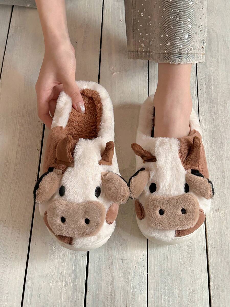 1 Pair Cute Cow Print Slip-On Slippers, Soft Plush Lining, Warm Indoor Shoes, Colorblock, Anti-Slip Sole, Suitable For Home, Winter