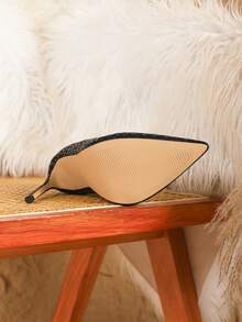 时尚性感黑色石纹尖头套脚休闲派对高跟鞋，女士细高跟鞋 - 黑色 - 查看 5