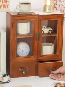 1pc Vintage Wooden Double Door Display Cabinet, Multipurpose Storage For Collectibles, Cosmetics, Coffee Cups, Decorative Drawers Organizer Box, Jewelry Box Gift (Acrylic Has Protective Film, Please Remove Before Use) - Brown - View 6