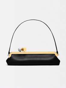 Women's Shoulder Bag With Detachable Strap, Fashionable Baguette Bag, Luxury Designer Handbag With Clasp - Black - View 2