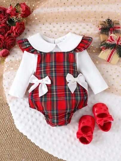 2 piezas Conjunto de niña bebé con blusa de manga larga con cuello Peter Pan blanco + pantalones cortos a cuadros, otoño/invierno
