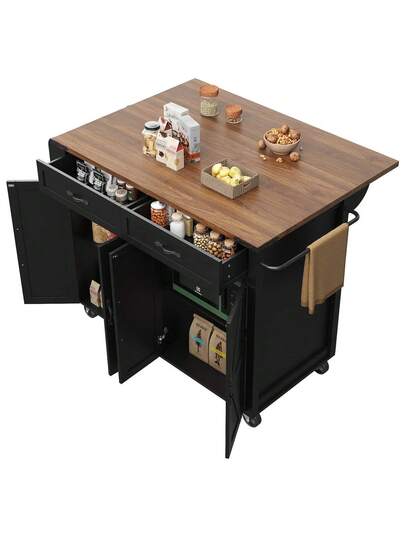 Kitchen Isl Serving Cart Countertop, Cabinet, Trolley, Food Four Doors Two Drawers, Wood Finish view 9