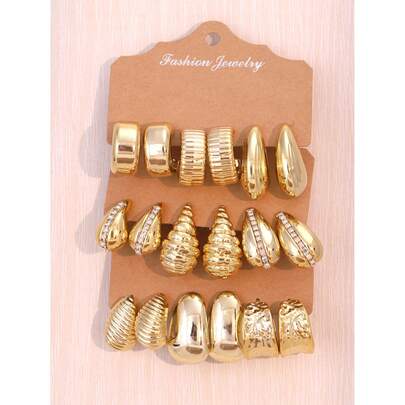 3件套欧美时尚夸张耳环套装，女士C形光滑水滴几何耳环