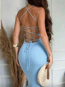 Midi Dress With Braided Back, Ribbed Modal Knit, Summer 2026, Beach Party - Baby Blue - View 2