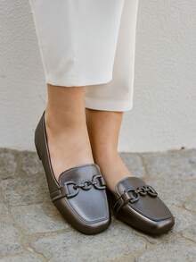 Women's Square Toe Loafer With Chain Detail, Comfortable Casual Style - Gris Oscuro - Ver 3