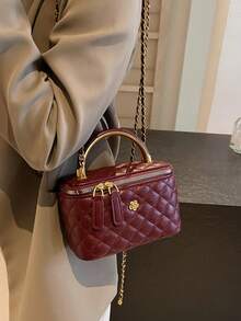 Nuevo bolso cuadrado de unicolor clásico de otoño/invierno, bolso cuadrado acolchado de PU, bolso de mano, bolso de hombro con cremallera, con asa desmontable, se puede llevar en la mano, al hombro o cruzado, adecuado para mujeres, estudiantes universitarias para viajes, compras, fiestas y citas. - Burdeos - Ver 7