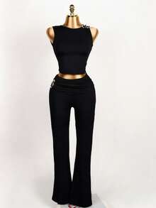 FQLWL Summer Outfits For Women Street Two Pieces Set Off The Shoulder Match Ruched Long Pants Women Suit Set - Black - View 3