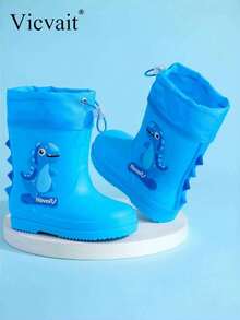 Cartoon Kids Rain Boots, Girls Mid-Calf Rain Shoes, Boys Waterproof Rubber Boots - Mint Blue - View 5