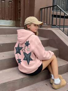 1pc Tween Girl Casual Printed Pullover Sweatshirt, Thermal Lined, Long Sleeve, Autumn/Winter - Pink - View 1