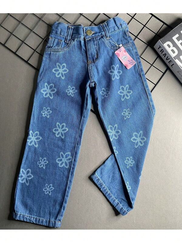 Calça Jeans Wide Leg Desenho Flor Infantil Juvenil Menina