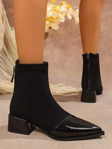 Women's New Fashion Solid Color PU Leather Back Zipper Western Style Chunky Heel Ankle Boots, Versatile & Comfortable Warm Chunky Heel Fashion Booties