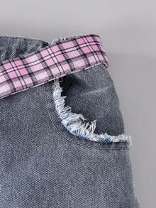 13-16 Years Old Teen GirlBlue Plaid Waist Belt Washed Ripped Plaid Denim Jeans - Blue - View 5