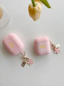 Personalized (With Small Flower Hook) Pink Simple Flower Shockproof Case Cover For Earphones, Compatible With Apple 1/2 3 Pro, Customized Letter Name, Back To School, Valentine's Day Gift, Good Birthday Gift, Holiday Gift, Gift For Men And Women, Personalized Gift - Pink - View 3