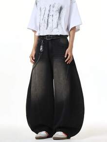 1件 Justice Brother 复古做旧破洞拼接筒腿牛仔裤，休闲宽松嘻哈风男士长裤 - 黑色 - 查看 5