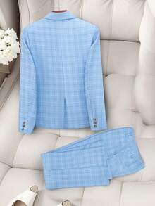 HOMEYEE Women's Plaid Suit Set, Business Professional Casual Blazer Jacket And Pants, Versatile Style Suitable For Various Occasions And Vacation, 2 Pieces Set - Blue - View 2