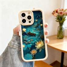 Cubierta de teléfono con diseño de loto y barco en estanque azul oscuro para iPhone 14 Pro Max funda protectora con impresión artística de flores acuáticas y luz nocturna ideal para uso diario y regalo - Negro - Ver 3