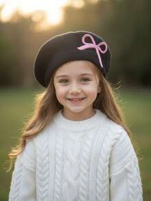 1pc Girls' Embroidered Bow Knit Beret Hat, New Autumn/Winter Knitted Hat, Decorative Hat, Painter Cap, Warm For Autumn/Winter, Versatile For All Seasons - 1PC - View 9