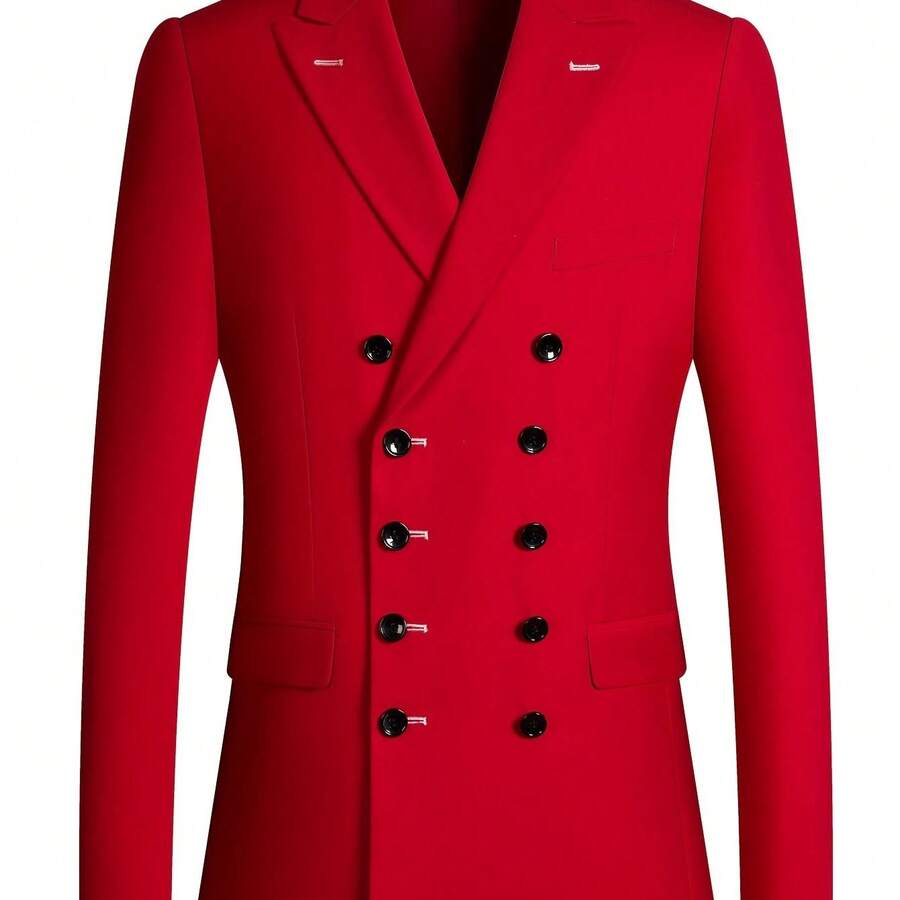 YonnePhnne Men'S Double-Breasted Solid Color Blazer With Front Pocket - Notch Lapel, Long Sleeve, Regular Fit All-Season Formal & Casual Wear, Versatile Menswear, Elegant Button Detail - 紅色 - 查看 1