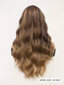 棕色挑染亚麻金长波浪卷发圣诞假发，带刘海，蓬松自然，易于打理，耐热合成假发，魅力性感，适合女性日常派对、万圣节角色扮演、化装舞会、音乐节、嘉年华等场合，26英寸 - 漸層棕色 - 查看 3