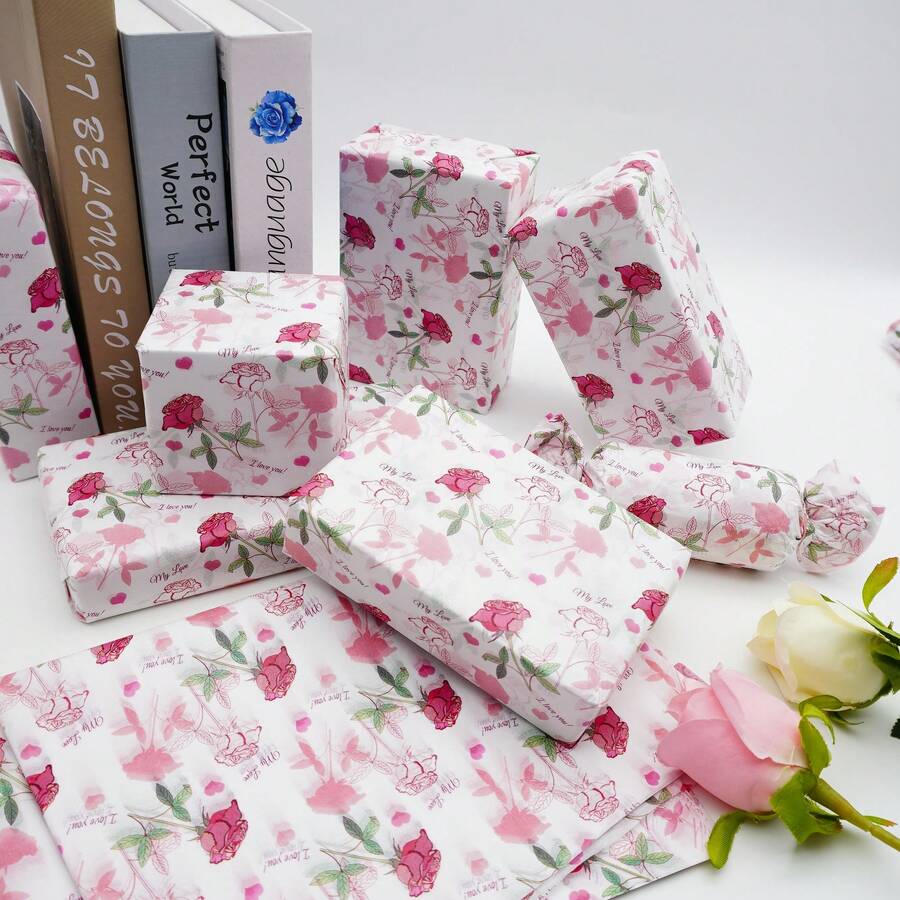 50*35cm Papel de seda semi-transparente con patrón de rosas rosadas y corazones, papel de seda decorativo con diseño de rosas rosadas para envolver regalos de cumpleaños, San Valentín y otras ocasiones, material de manualidades ideal para decoración del hogar, envolver ramos, decoración de bodas